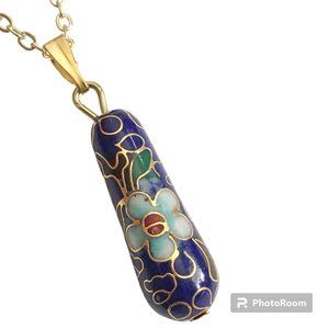 Vintage Cloisonne Aqua Flower Necklace Teardrop Blue Enamel Gold Plated Taiwan